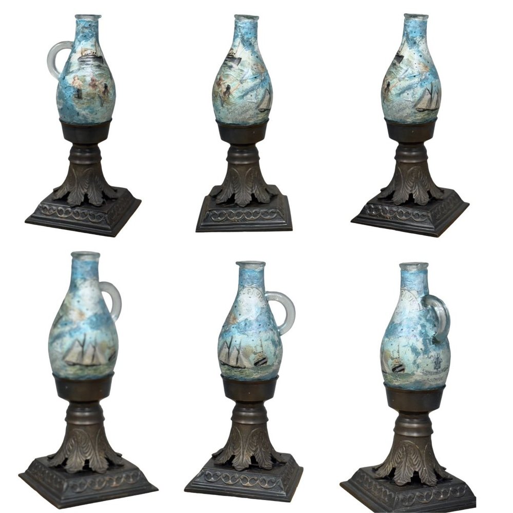 Upcycled Mid-Century Glass and Brass Candle Holders, Hand Painted & Decoupaged - Picture 7 of 16